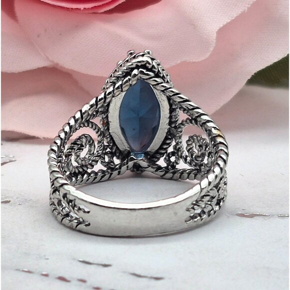 Silver Tone Filigree Style Cocktail Fashion Ring Blue Marquise Center Size 7 - Picture 4 of 8